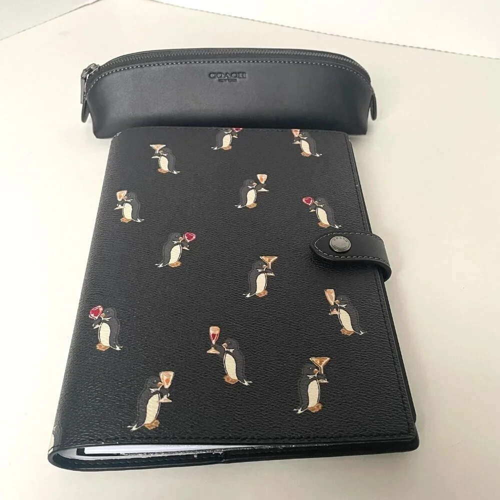 Coach CCP98 Boxed Notebook & Pencil Case Black Signature Canvas Penguin Leather